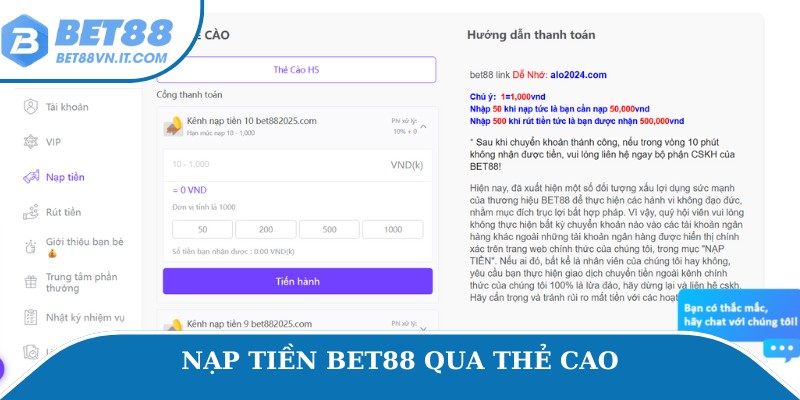 Nạp tiền Bet88 qua thẻ cào